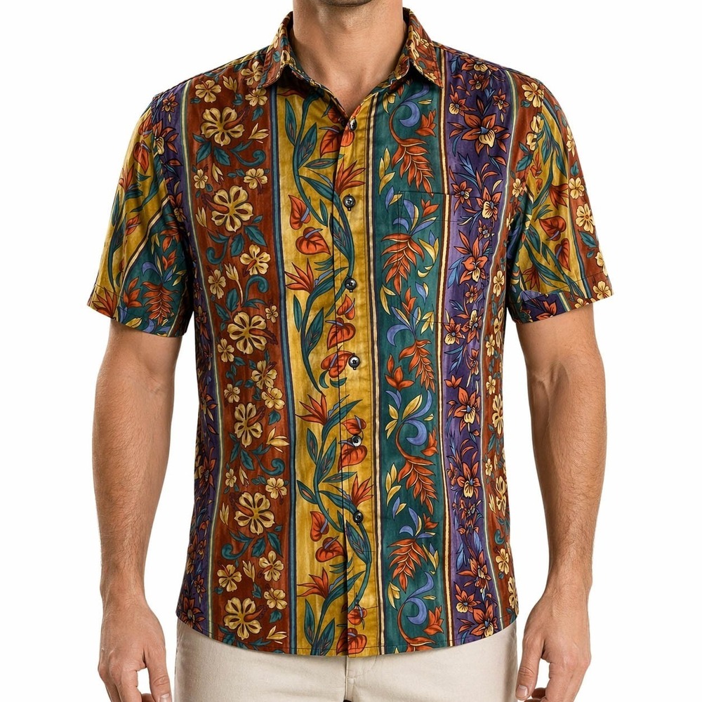 Territory Ahead Hawaiian Shirt Medium Floral Flowers Stripes Brown‎ Green Purple